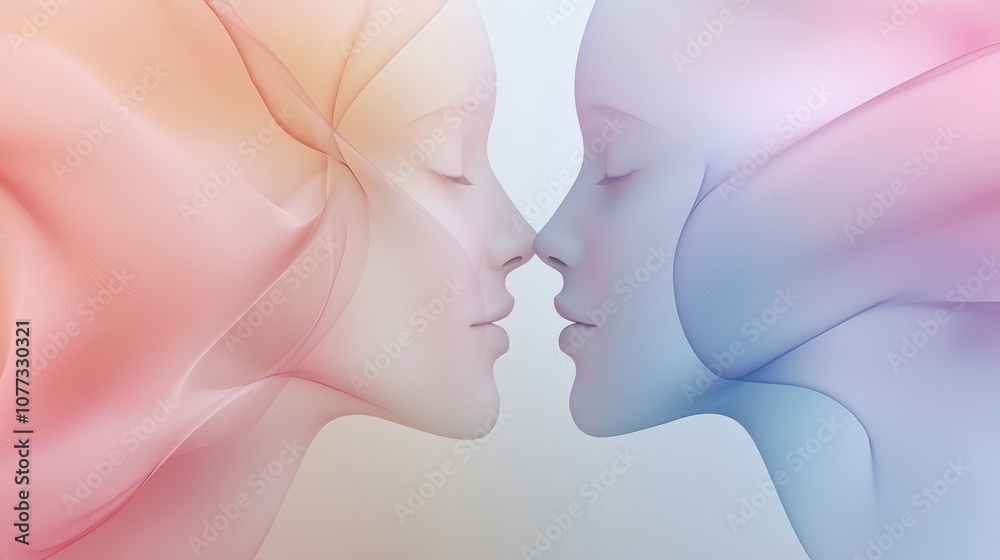 Poster two abstract faces in pastel colors mirror each other, emphasizing themes of empathy and communicati