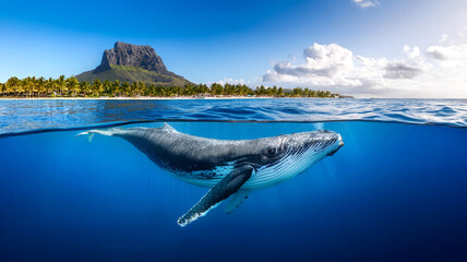Indian Ocean, Mauritius Whale and humpback whale and vibrant coral reefs and sea Turtles. Mauritius island under waterfall, Mauritius undersea, Mauritius sea, humpback whale