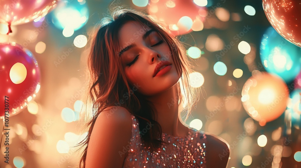 Poster a woman with long brown hair and a sparkling dress stands in a party setting. she is surrounded by c