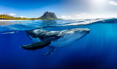Indian Ocean, Mauritius Whale and humpback whale and vibrant coral reefs and sea Turtles. Mauritius island under waterfall, Mauritius undersea, Mauritius sea, humpback whale