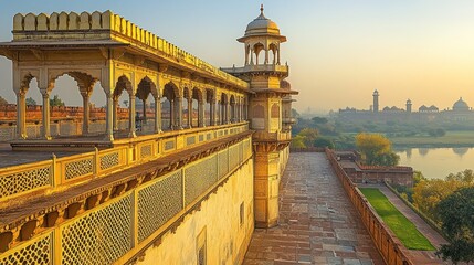 Naklejka premium A view of the Agra Fort in India, with the Taj Mahal in the distance.