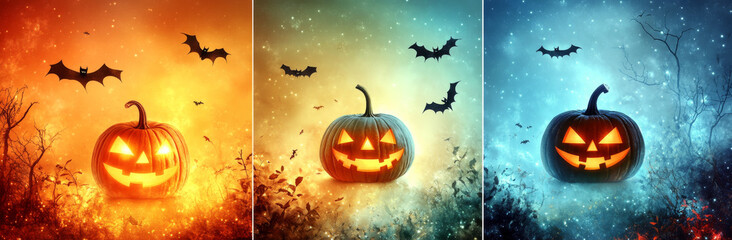 Fototapeta premium vibrant Halloween scene featuring glowing pumpkins and bats in mystical atmosphere. colors transition from orange to blue, creating festive and spooky mood