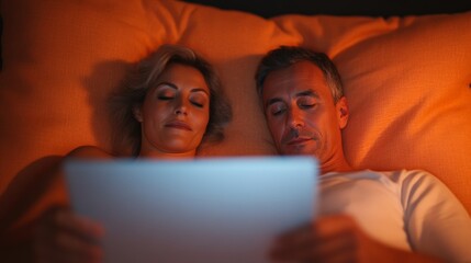 Couple's Night In: A middle-aged couple, snuggled in bed, shares a relaxing moment watching something on a tablet.