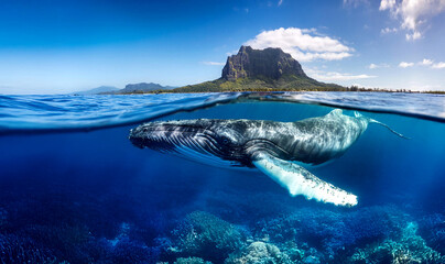 Indian Ocean, Mauritius Whale and humpback whale and vibrant coral reefs and sea Turtles. Mauritius island under waterfall, Mauritius undersea, Mauritius sea, humpback whale