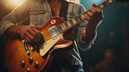 Obraz premium Close-up of a Musician Playing a Sunburst Electric Guitar
