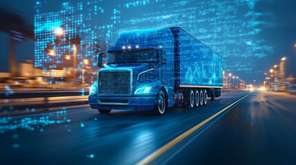 A blue truck on the road, with data and technology elements floating