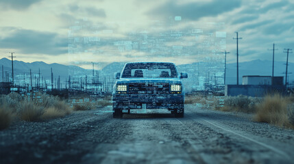 A blue car on the road, with data and technology elements floating