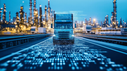 A blue truck on the road, with data and technology elements floating