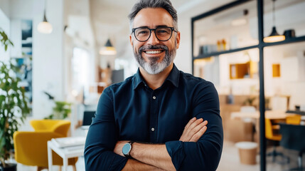Fototapeta premium Smiling middle-aged man with gray beard and glasses standing confidently in modern office environment