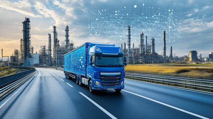 A blue truck on the road, with data and technology elements floating