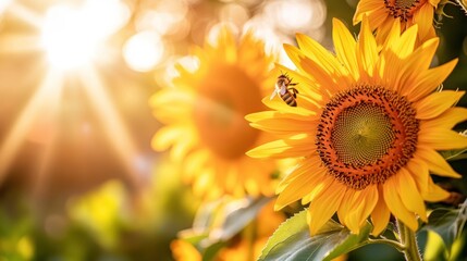 Obraz premium A Honeybee on a Sunflower in the Sun's Rays