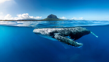 Indian Ocean, Mauritius Whale and humpback whale and vibrant coral reefs and sea Turtles. Mauritius island under waterfall, Mauritius undersea, Mauritius sea, humpback whale	