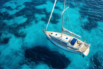 Fototapeta premium Aerial view of small yacht at sea blue background 