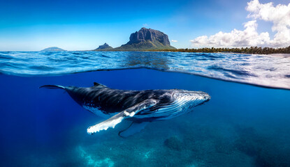 Indian Ocean, Mauritius Whale and humpback whale and vibrant coral reefs and sea Turtles. Mauritius island under waterfall, Mauritius undersea, Mauritius sea, humpback whale © karacacennet