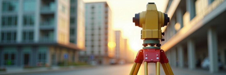 A professional surveying instrument positioned in an urban setting at sunset, highlighting the importance of precise measurements in construction and development projects.