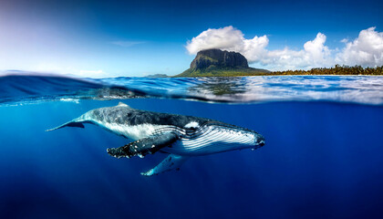 Indian Ocean, Mauritius Whale and humpback whale and vibrant coral reefs and sea Turtles. Mauritius island under waterfall, Mauritius undersea, Mauritius sea, humpback whale  © karacacennet