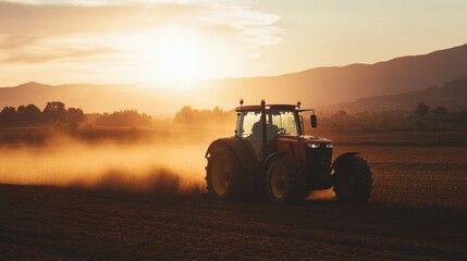 Fototapeta premium Tractor Driving Through Field at Sunset, Dust Flying