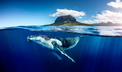 Indian Ocean, Mauritius Whale and humpback whale and vibrant coral reefs and sea Turtles. Mauritius island under waterfall, Mauritius undersea, Mauritius sea, humpback whale	