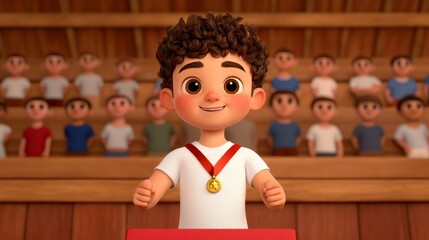 Champion's Podium: A charming 3D-rendered boy beams with pride, clutching his gold medal on a winner's podium, surrounded by an adoring audience.