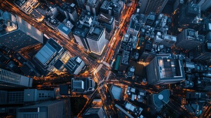 Fototapeta premium Aerial View of a City Intersection at Night with Traffic and Buildings