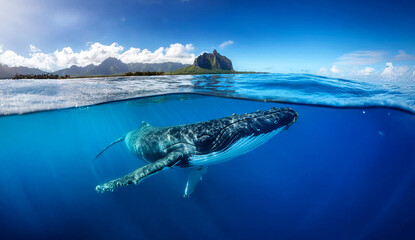 Indian Ocean, Mauritius Whale and humpback whale and vibrant coral reefs and sea Turtles. Mauritius island under waterfall, Mauritius undersea, Mauritius sea, humpback whale	