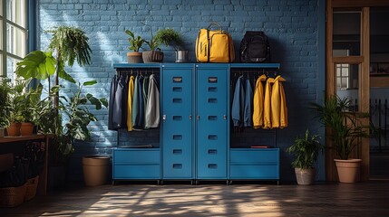 Blue Locker with Storage and Clothes Rack in a Room with Plants