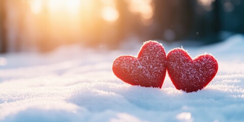 Fototapeta premium A serene scene with red hearts in the snow, symbolizing love, set against a softly blurred forest in the background