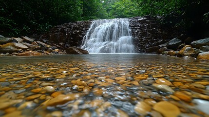 Waterfall and River in a Lush Forest