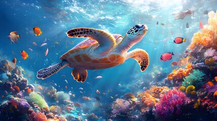 Sea Turtle Swimming in a Colorful Reef