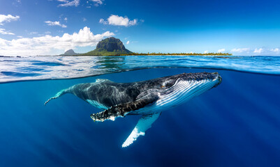Indian Ocean, Mauritius Whale and humpback whale and vibrant coral reefs and sea Turtles. Mauritius island under waterfall, Mauritius undersea, Mauritius sea, humpback whale	