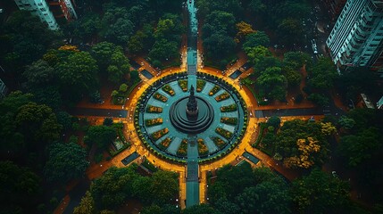 Aerial View of a Park with Circular Fountain