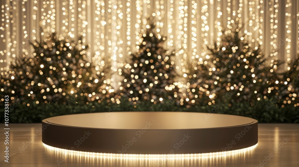 Poster an inviting stage area is illuminated by soft lights, surrounded by lush greenery and twinkling ligh
