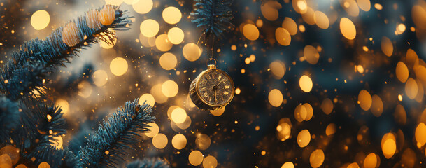 Golden toy clock on green Christmas tree on blurred background of night lights. Winter template, banner concept for Christmas, New Year and sale season. Web card and backdrop with space for text