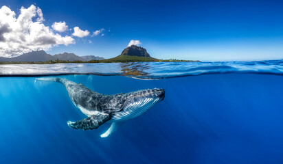 Indian Ocean, Mauritius Whale and humpback whale and vibrant coral reefs and sea Turtles. Mauritius island under waterfall, Mauritius undersea, Mauritius sea, humpback whale
