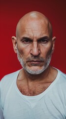 Obraz premium A bald man with a beard and a white shirt. He is looking at the camera. The image has a serious and focused mood