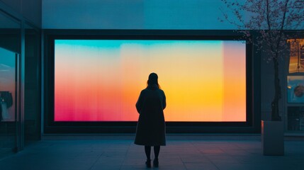 Obraz premium a large digital display on the front. the screen shows a vibrant gradient. a person stands in front of the screen 