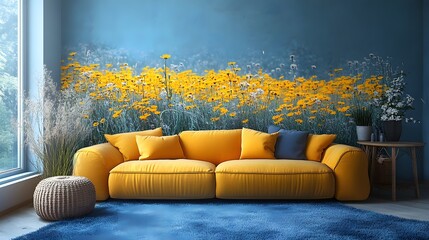 Yellow Flower Meadow Wallpaper in Living Room