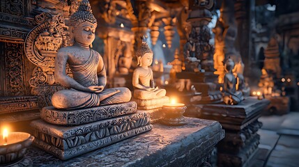 Fototapeta premium Buddha statues in a temple lit by candles at dusk.