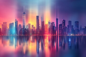 Fototapeta premium A vibrant cityscape with colorful lights reflecting in the water at sunset.