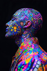 Obraz premium Vibrant Celebration of Art With a Colorful Patterned Figure in a Creative Setting