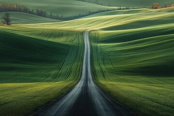 A winding road cuts through vibrant green fields under a bright sky, inviting peaceful exploration in this scenic rural setting, perfect for tranquility and relaxation during your getaway