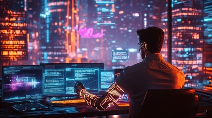 Obraz premium Cyberpunk Programmer with Glowing Robotic Arm in a Futuristic Cityscape