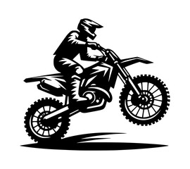A silhouette vector of a motocross dirt bike with a rider, isolated on a white background.