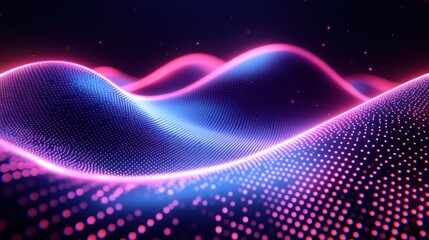 Abstract blue and pink wavy background with glowing dots and lines.