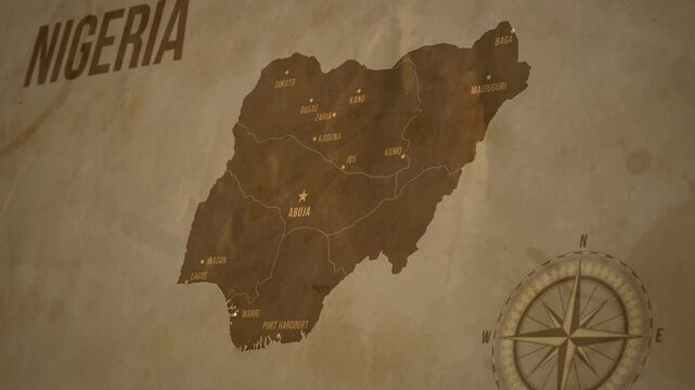 Vintage Nigeria Map with Zoom Up Animation Isolated on Old Background