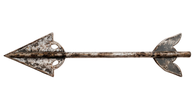 Vintage metal arrow with unique design, isolated on a white background.