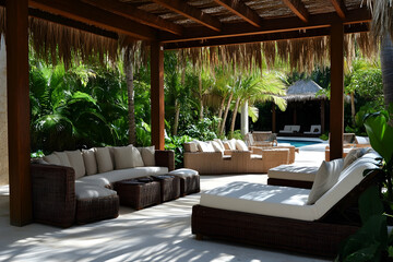 A tranquil outdoor lounge area invites relaxation amidst vibrant tropical plants