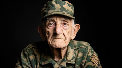 Fototapeta premium Portrait of an elderly man wearing a camouflage uniform and cap against a dark background, displaying an expression of thoughtfulness and experience.