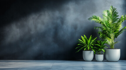 Lush green plants in decorative white pots, set against a matte dark wal