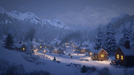 Fototapeta premium A small, cozy village nestled in a snowy mountain valley, illuminated by warm lights on a clear winter night.